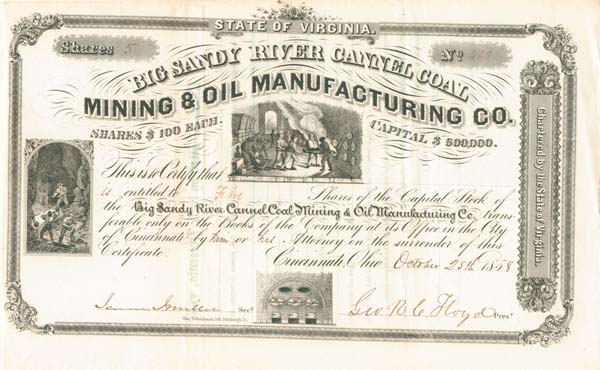 Big Sandy River Cannel Coal Mining and Oil Manufacturing Co. - Stock Certificate